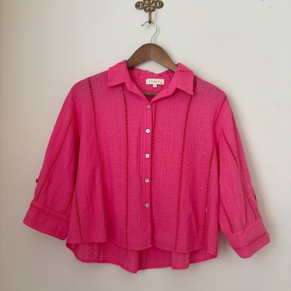 STARKX Monica Pink Embroidered Lace Short Sleeve Top Small Coastal Chic